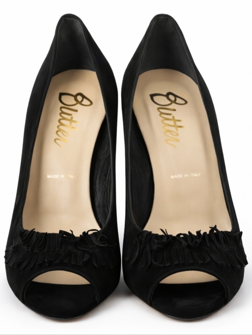 BUTTER Italian Black Suede Leather Peep Toe Heels Fringe Stiletto Pumps Size 10